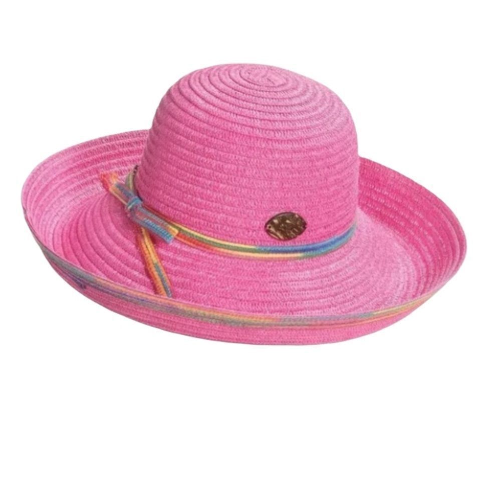 Panama Jack Kettle Brim Pink Straw Hat With 5" Brim And Rainbow Trim
